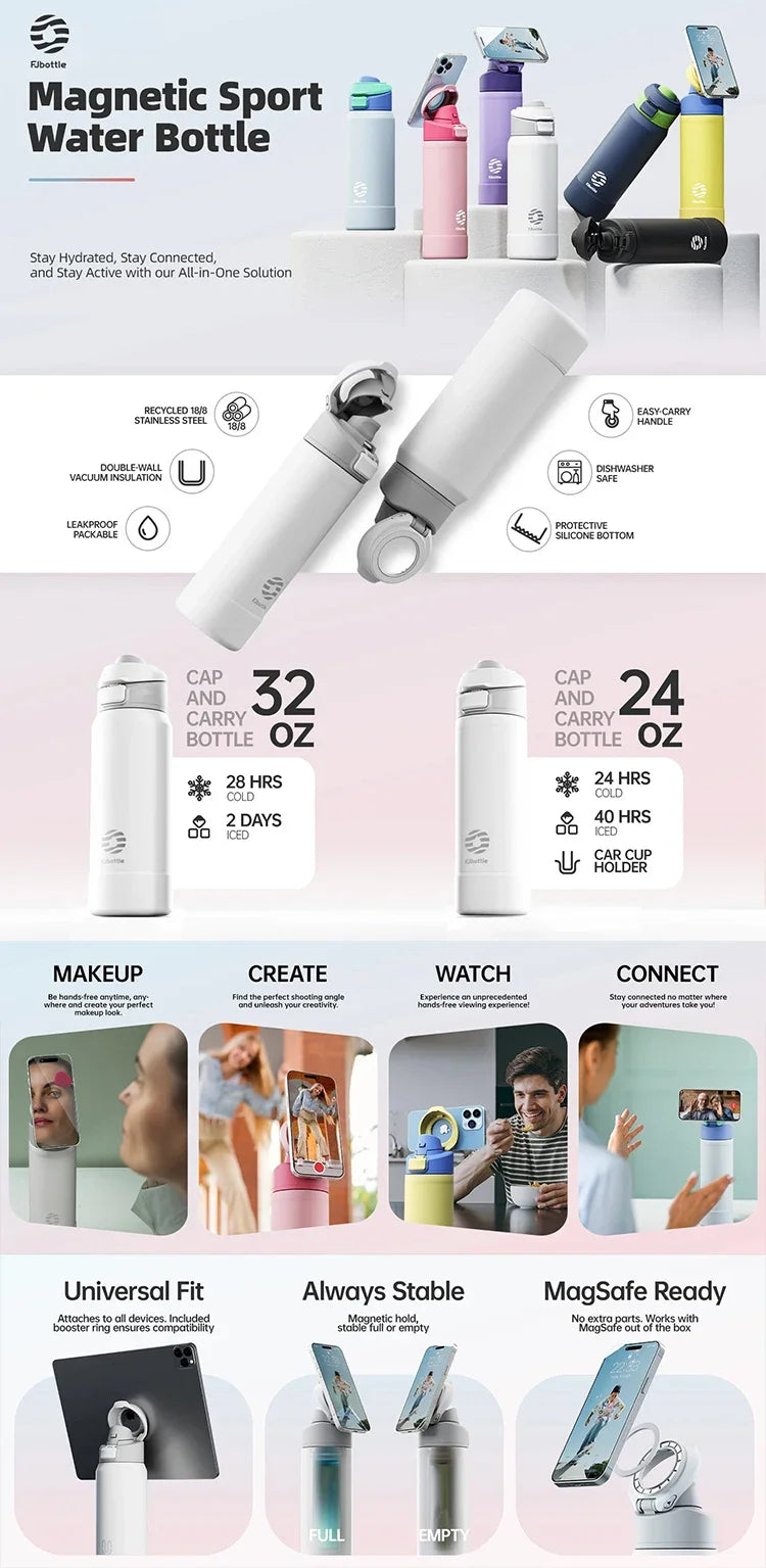 Elonhar Magnetic Thermos Bottle (710/950ml) – Stainless Steel, Bouncing Lid, Phone Holder