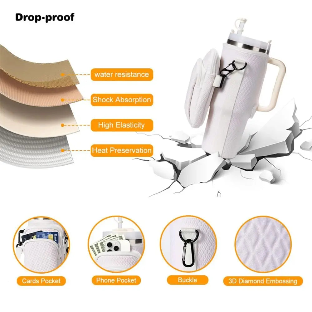 With Phone Pocket Water Bottle Holder Pouch Adjustable Strap with Keychain & Mountaineering Button Water Cup Bags Handfree