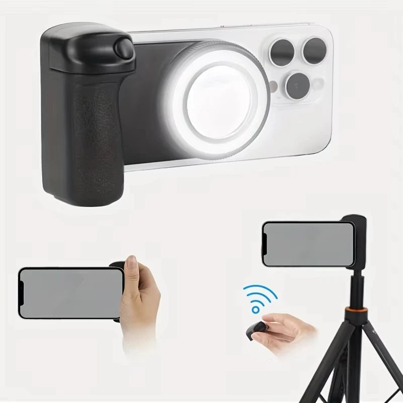 MagSafe Smartphone Handle Grip with Detachable Bluetooth Remote with Fill Light Anti-shake Selfie Handle for Iphone Android