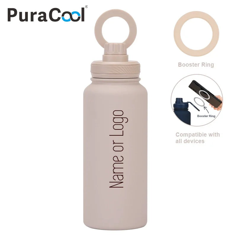 PuraCool Personalised Water Bottle with Phone Holder 1L 1000ML 32oz Magnetic Tumbler Flask Customised Gift