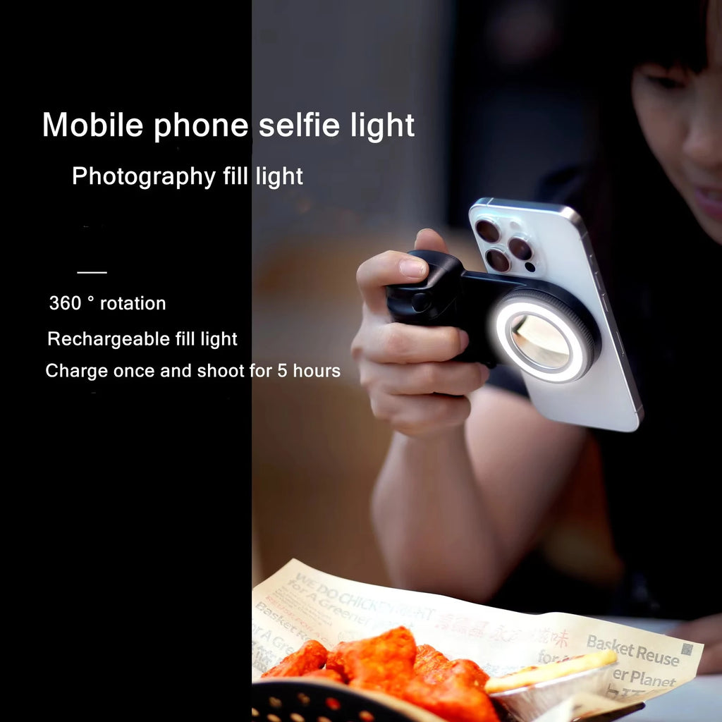 MagSafe Smartphone Handle Grip with Detachable Bluetooth Remote with Fill Light Anti-shake Selfie Handle for Iphone Android